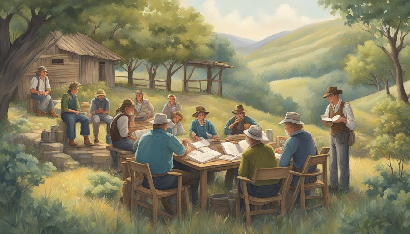 A group of German Texan writers and poets gather in a rustic setting, surrounded by rolling hills and dense forests. They engage in lively discussions and readings, drawing inspiration from their rich cultural heritage