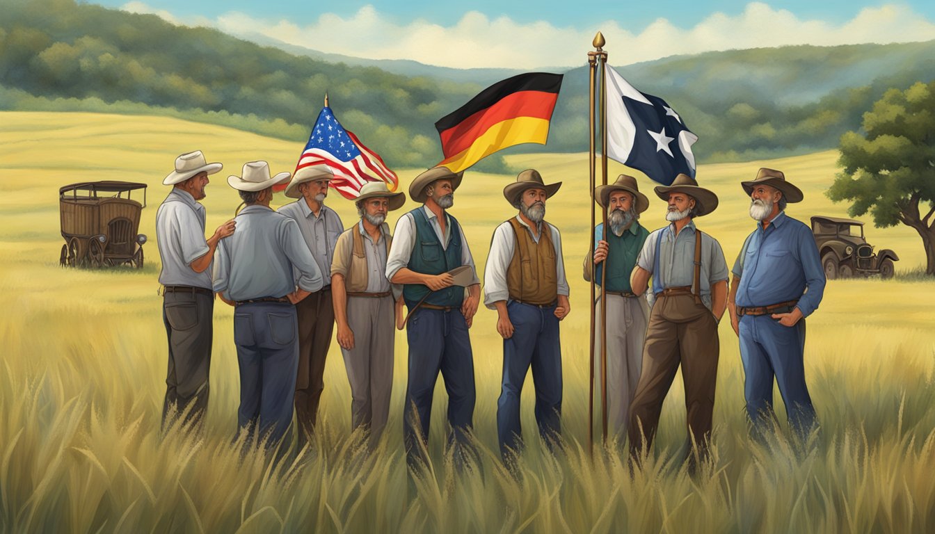 A group of German Texan writers and poets gather under a lone star flag, surrounded by the rolling hills of the Texas countryside