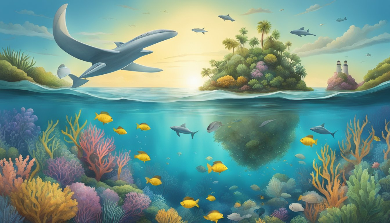 A serene ocean scene with a biodegradable urn floating on the water's surface, surrounded by marine life and a distant ship