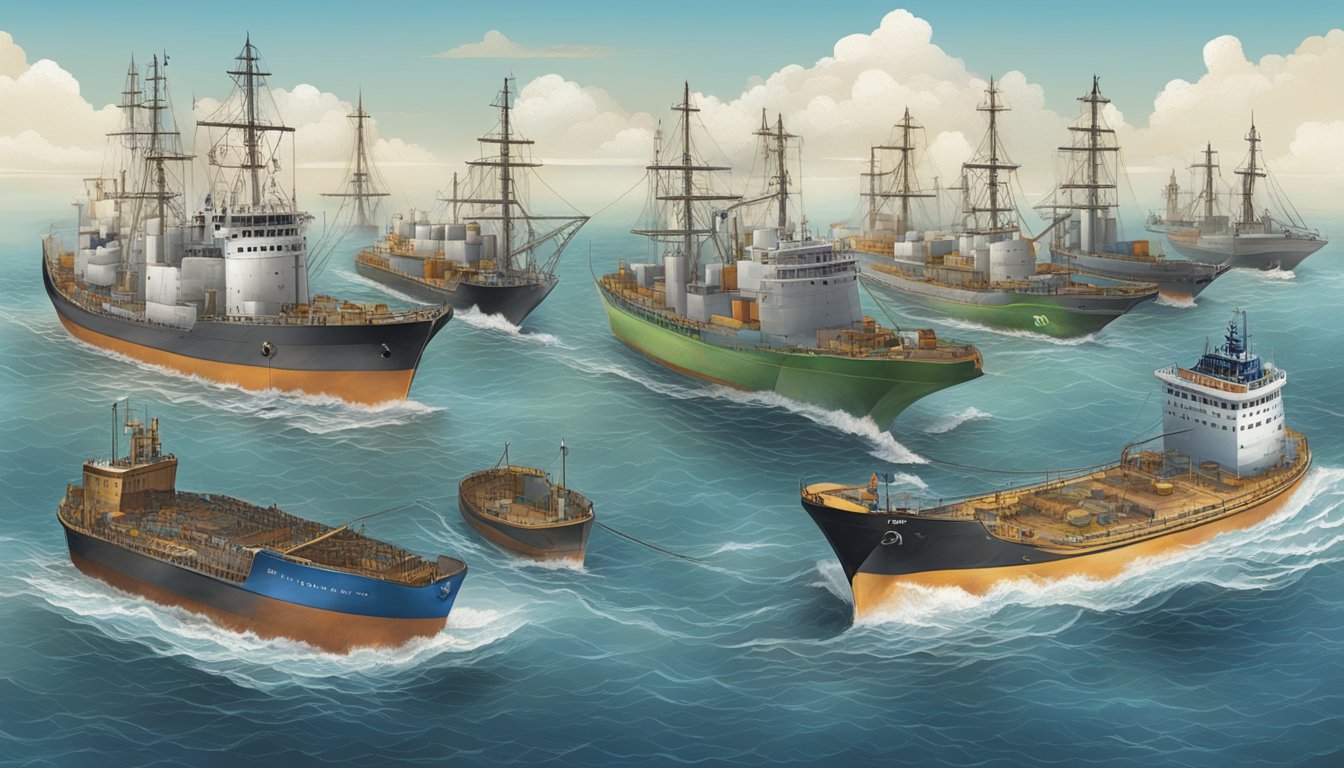 A diverse group of ships navigating international waters, each representing a different culture, with varying maritime laws for conducting water burials