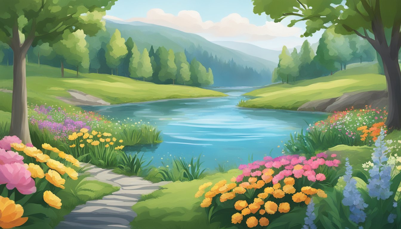 A serene lake surrounded by lush greenery and colorful flowers, with a gentle stream flowing into it, depicting the impact of climate change on water burial locations