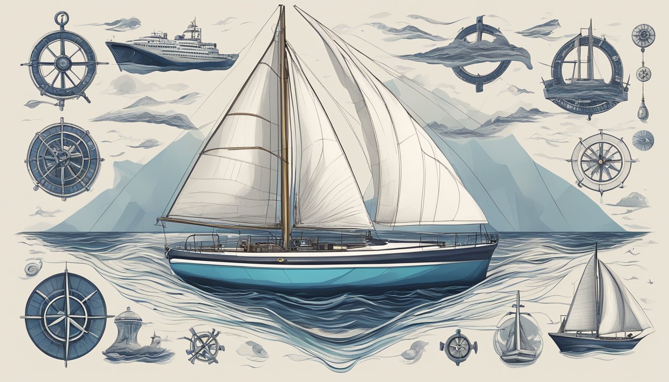 A sailboat peacefully drifting on calm international waters, surrounded by various maritime symbols and signs