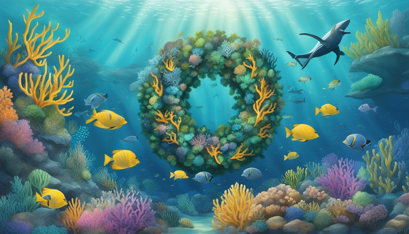 A scuba diver places a wreath on an underwater memorial, surrounded by marine life and coral reefs