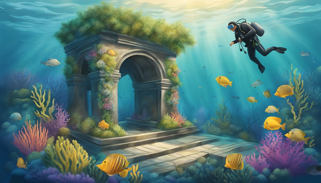 An underwater memorial featuring a diver placing a wreath on a sunken structure amidst vibrant marine life