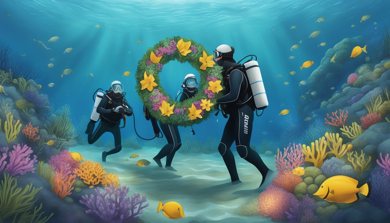 A group of scuba divers gather around an underwater memorial site, placing wreaths and flowers on the ocean floor to honor the deceased