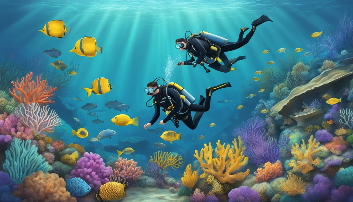 A group of scuba divers gather around a memorial plaque on the ocean floor, surrounded by colorful coral and marine life