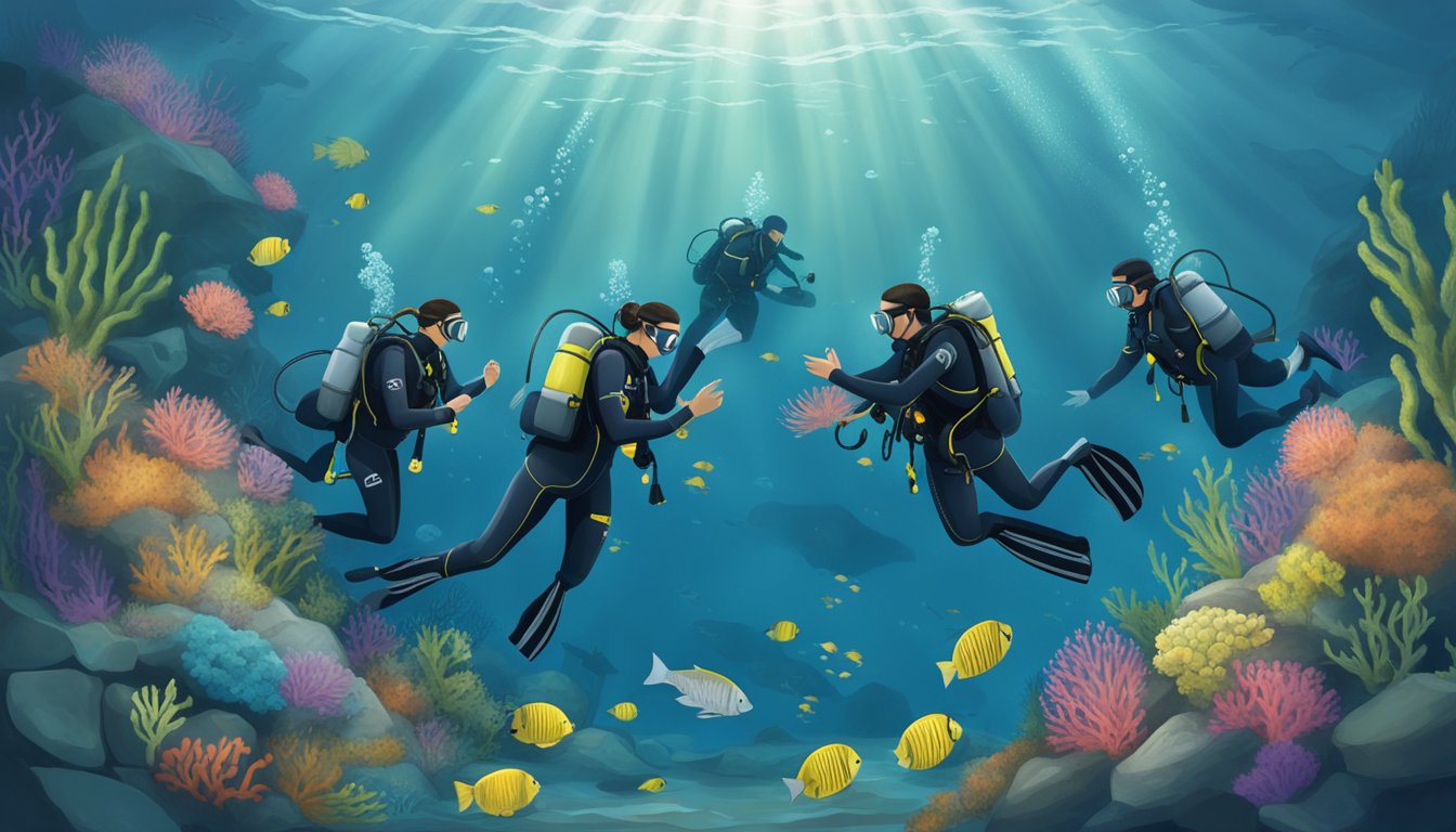 A group of scuba divers gather around an underwater memorial, laying wreaths and paying their respects to honor and remember those who have passed