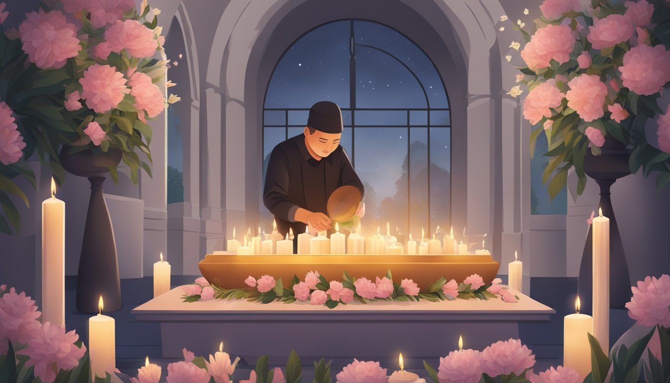 A crematorium worker carefully places a small urn into a ceremonial vessel, surrounded by flowers and candles, ready for a water burial