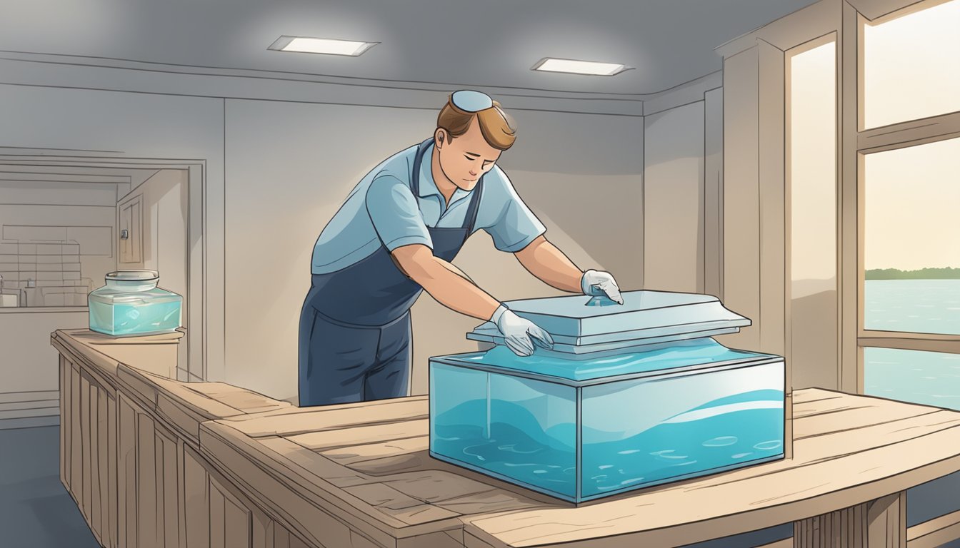 A crematorium worker carefully places an urn of ashes onto a table next to a large tank of water, preparing for a water burial