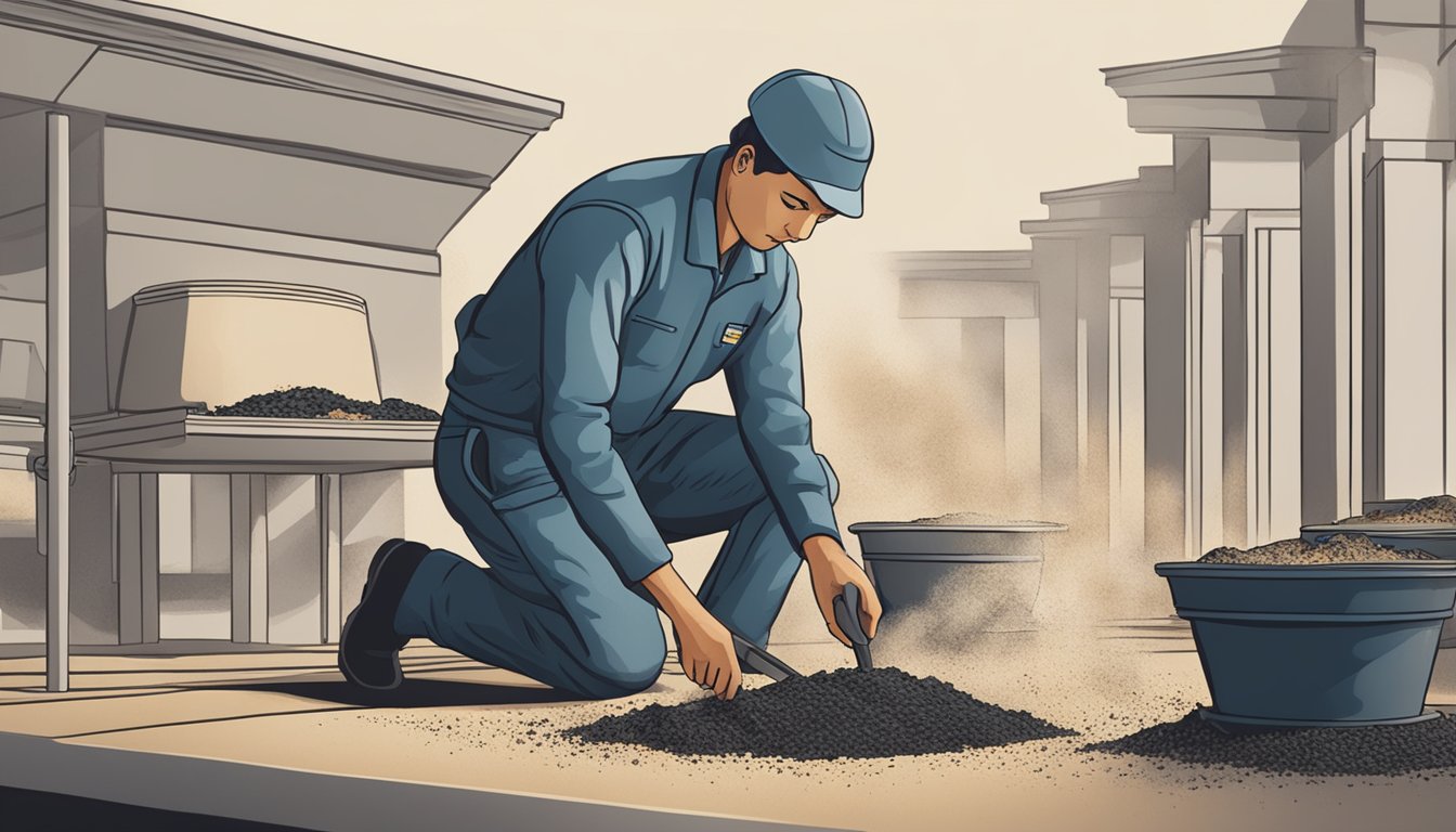 A crematorium worker carefully sifts through ashes, preparing them for water burials