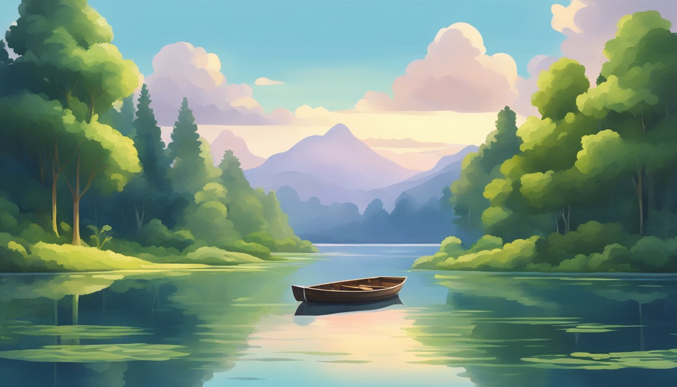 A serene lake surrounded by lush greenery, with a small boat floating in the center. The water is calm, reflecting the sky above