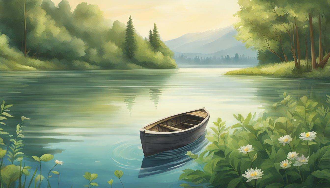 A serene freshwater lake surrounded by lush green vegetation, with a small boat gently releasing a biodegradable urn into the water