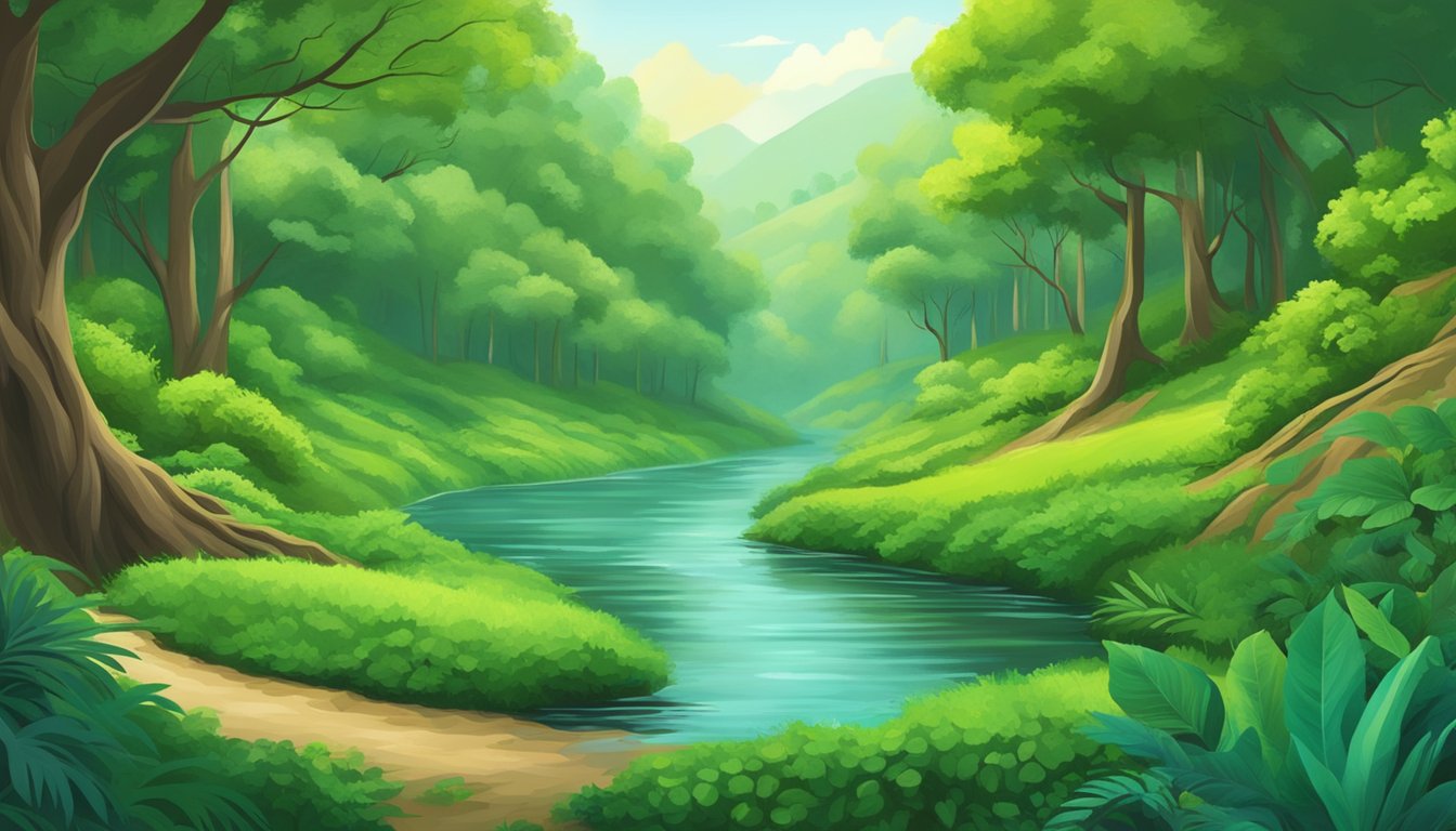 A tranquil river winding through a lush forest, reflecting the vibrant greenery and symbolizing the cycle of life and death in various cultures