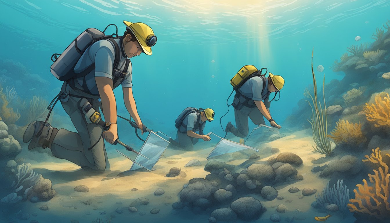 A team of marine archeologists carefully surveying the ocean floor with advanced technology to identify and map historical water burial sites