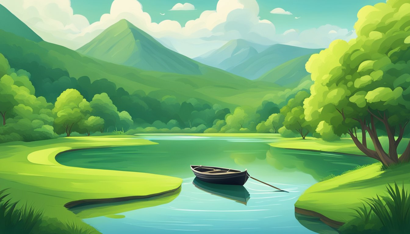 A serene river winding through a lush, green landscape with a lone boat floating peacefully on the water