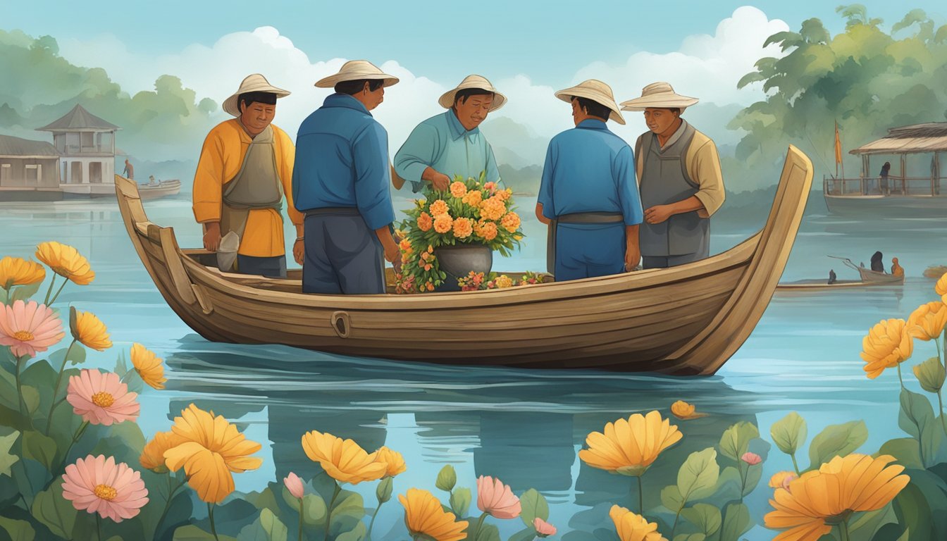 Local fishermen gather around a traditional boat adorned with flowers, as family members lower a ceremonial burial urn into the water