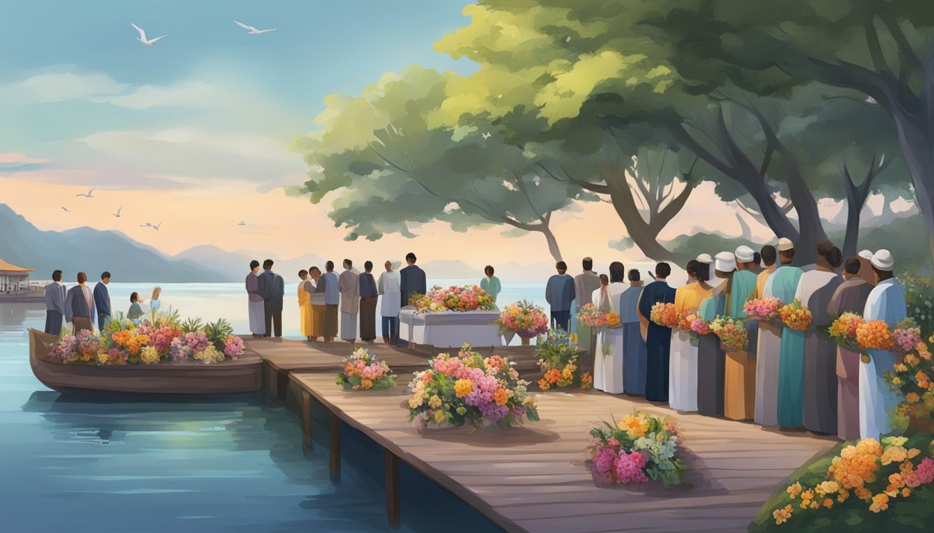 A group of people gather on a serene waterfront, adorned with colorful flowers and traditional funeral artifacts, preparing for a water-based ceremony