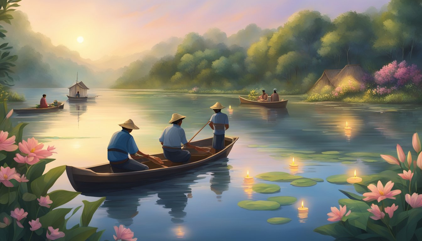 Local fishermen on a serene river, surrounded by lush greenery, performing a water burial ceremony. A small boat adorned with flowers and candles floats on the water