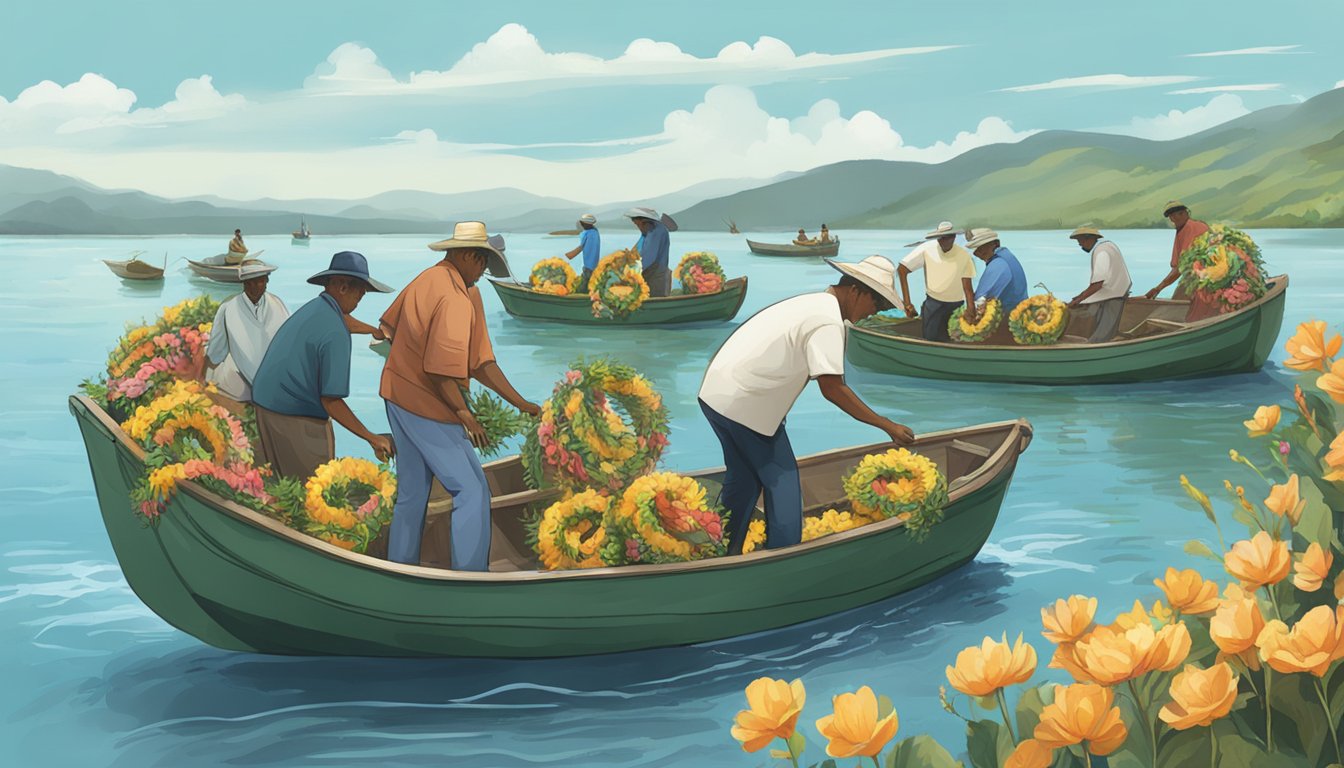 Local fishermen stand in traditional boats, tossing flower wreaths into the water as part of a water burial ceremony