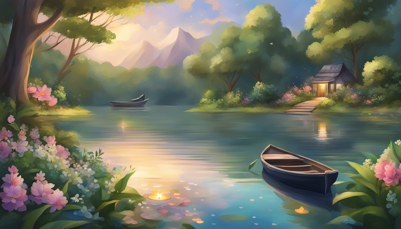 A serene lake surrounded by lush greenery, with a small boat adorned with flowers and candles floating in the center