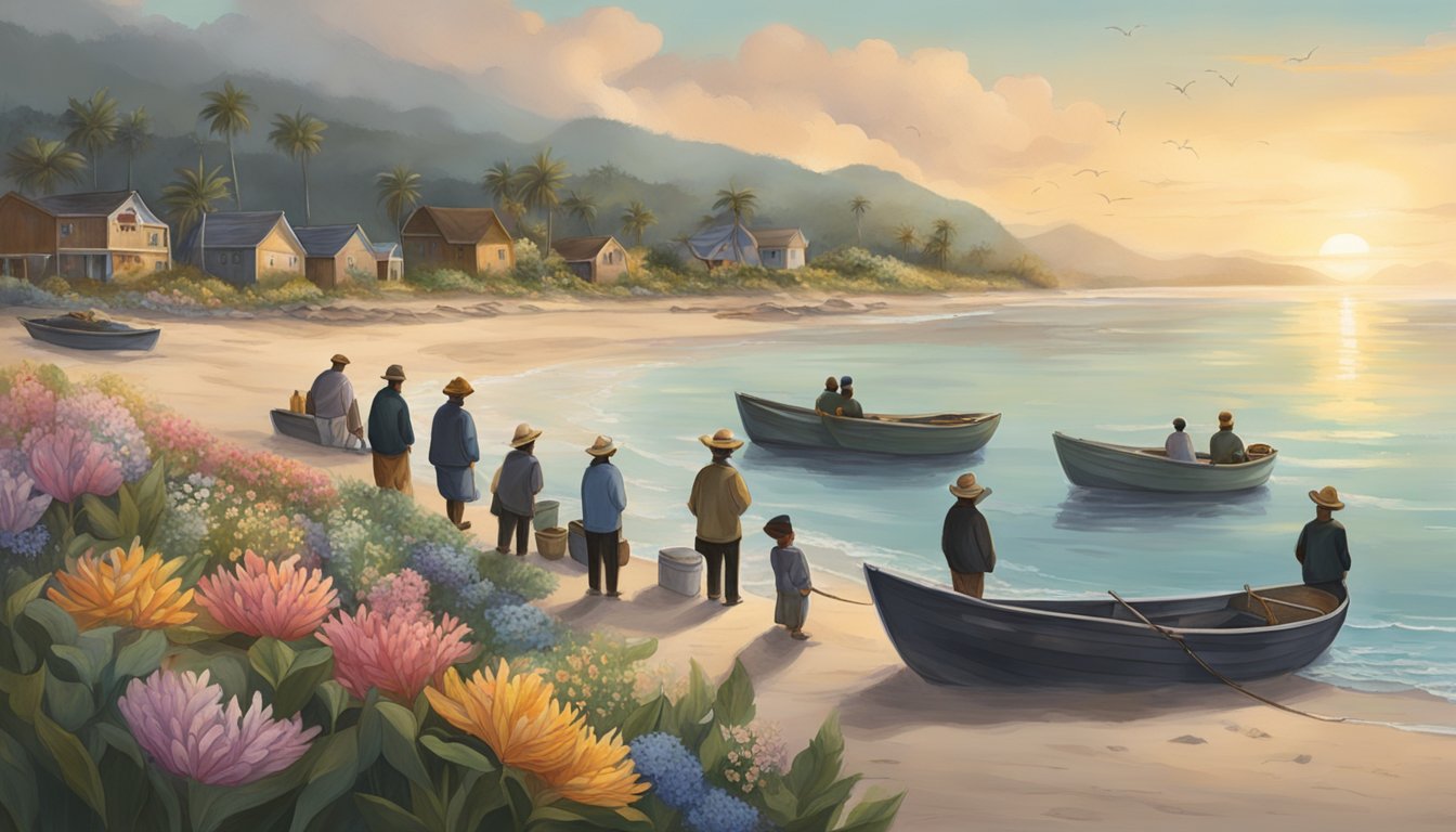 Local fishermen gather on a serene beach, surrounded by calm waters. They release flower-adorned boats into the sea, honoring their departed loved ones in a solemn water burial ceremony