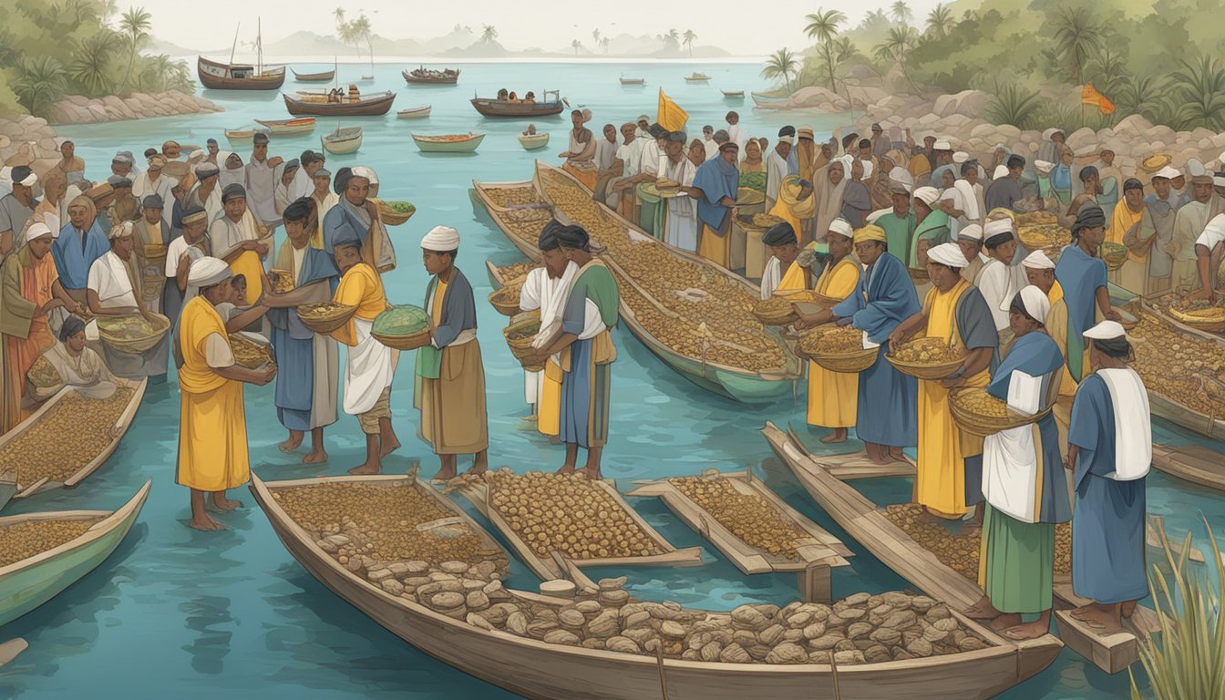 Local fishermen in traditional attire performing water burial ceremony, surrounded by mourners and adorned boats, with cultural symbols and offerings