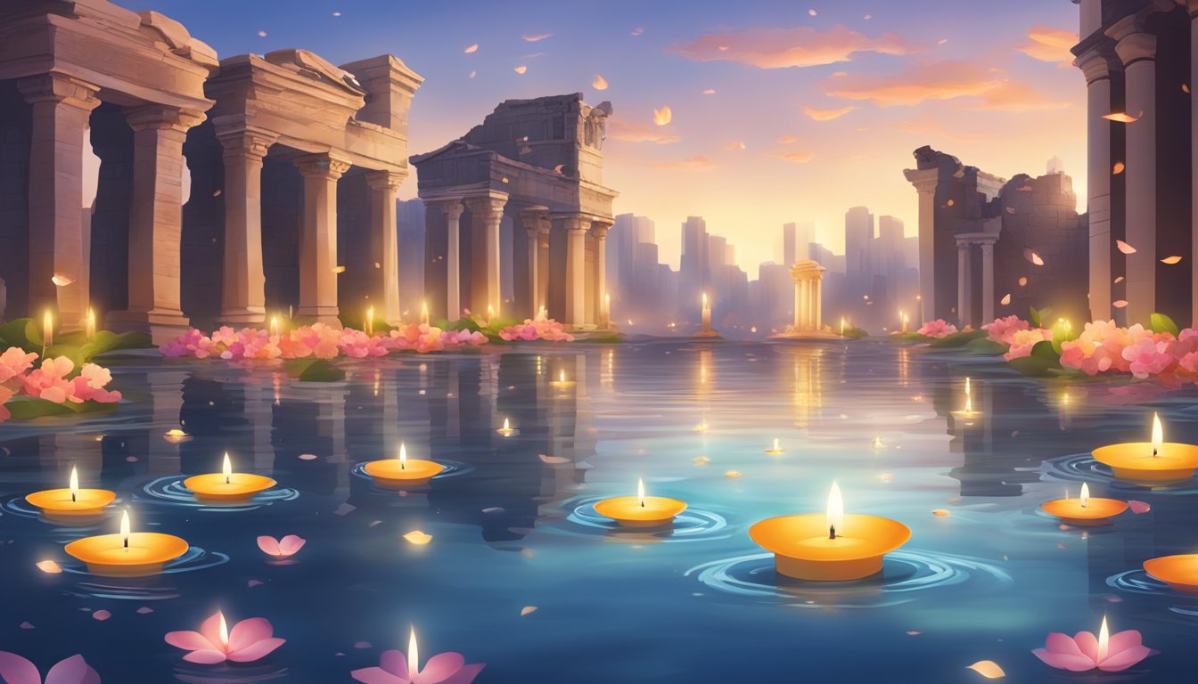 A serene river with floating flower petals and candles, surrounded by ancient ruins and modern skyscrapers, symbolizing the historical and social media influence on water burials