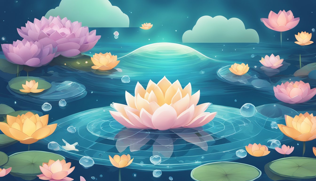 A serene ocean with floating lotus flowers, surrounded by social media icons and hashtags, symbolizing the impact of social media on water burial trends and awareness