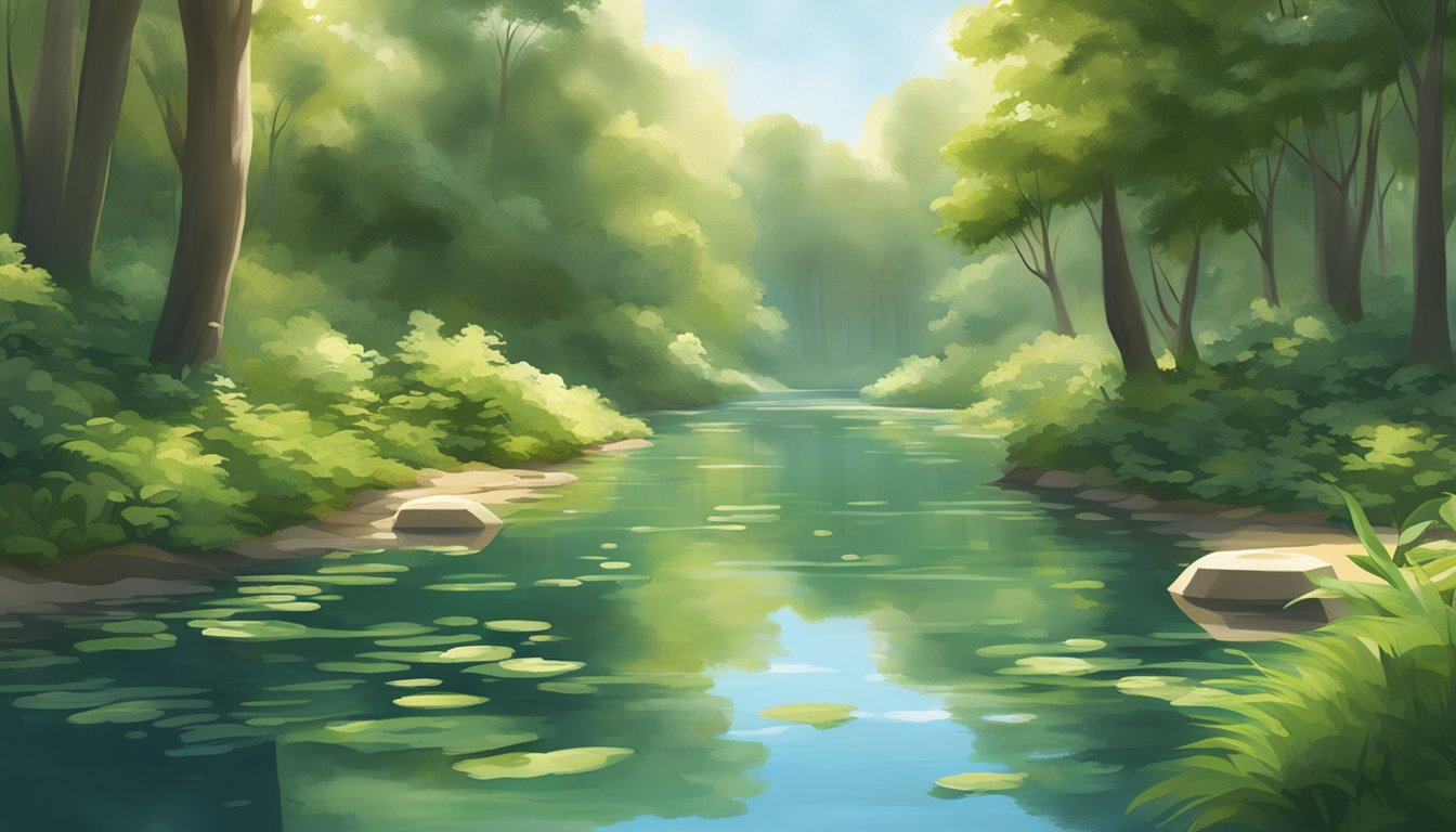 A serene river with biodegradable urns floating downstream, surrounded by lush greenery and wildlife. Sunlight filters through the trees, casting a peaceful glow on the water