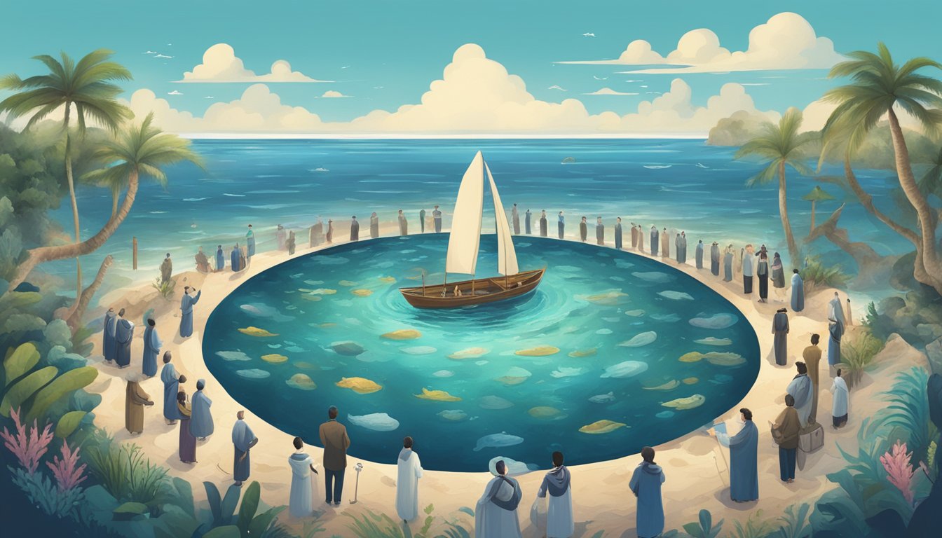 A serene ocean with a traditional water burial ceremony taking place, surrounded by social media logos and symbols