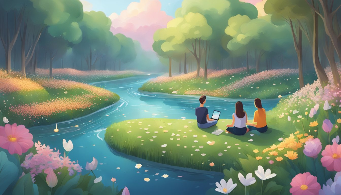 A serene river flowing through a lush landscape, with scattered flowers and floating candles, surrounded by people engaged in social media on their devices