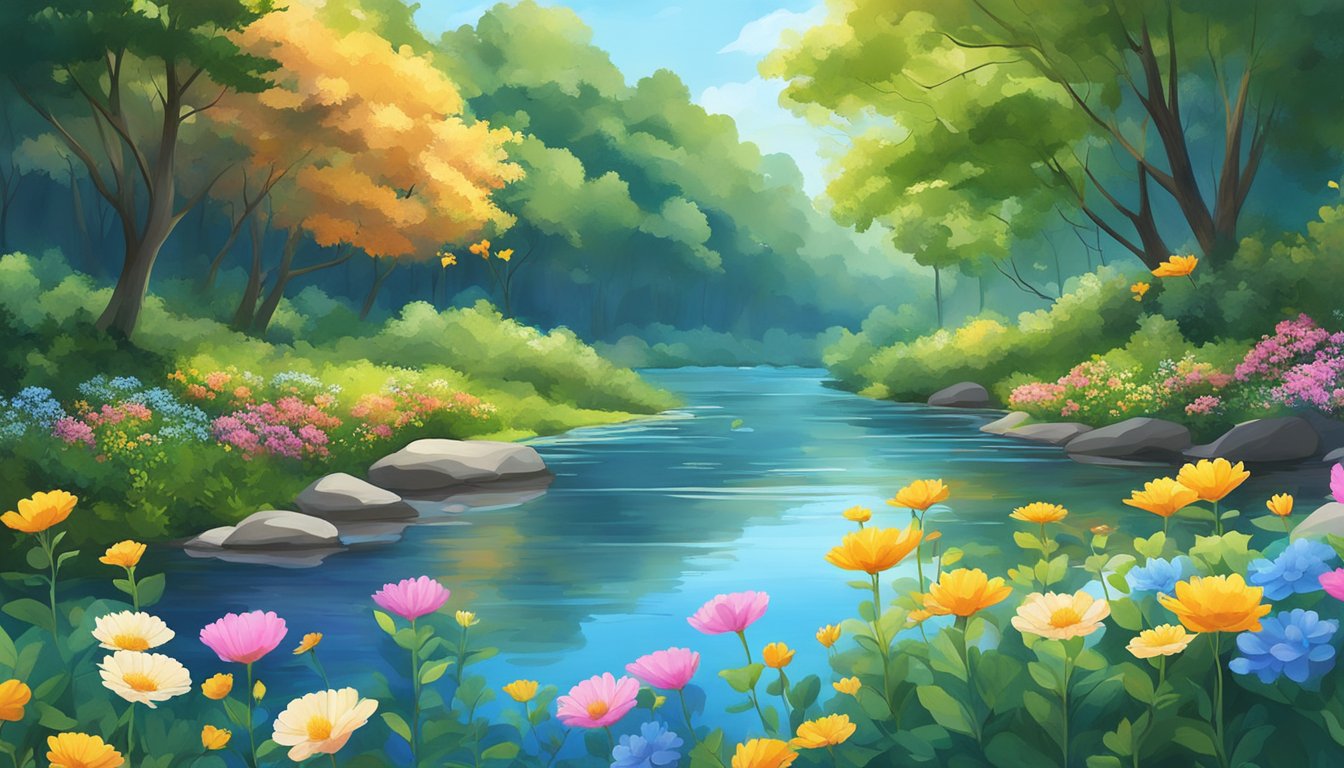 A serene river with colorful flowers floating on the water's surface, surrounded by lush green trees and a clear blue sky overhead