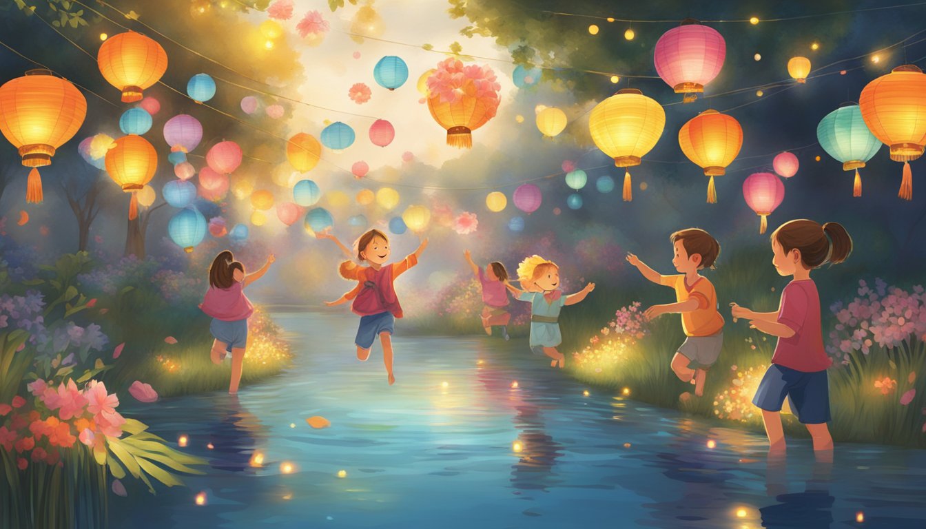 Children releasing flowers into calm water surrounded by colorful decorations and floating lanterns