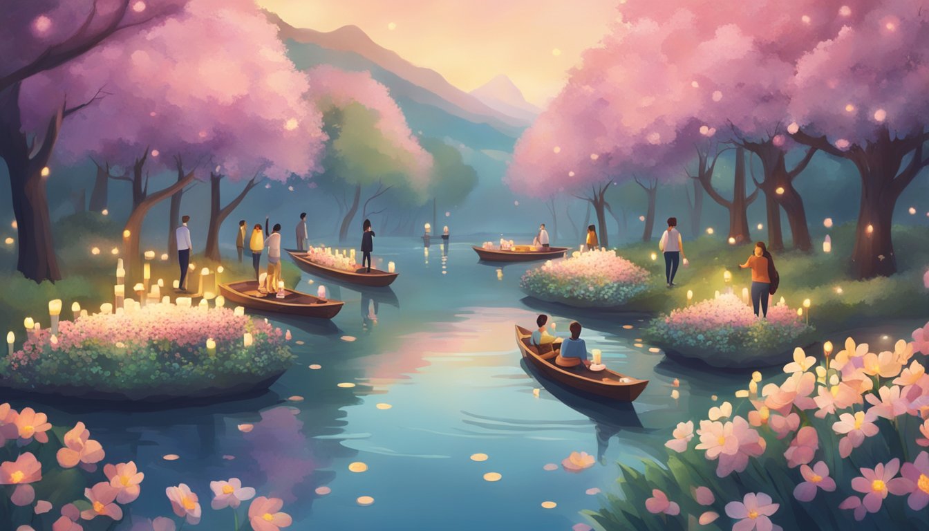 A serene river with floating flowers and candles, surrounded by people sharing information on social media