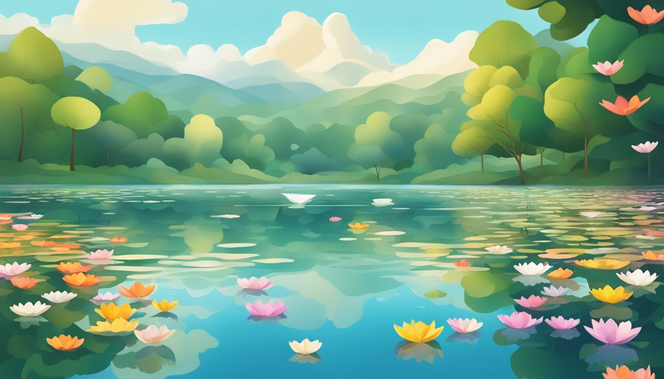 A serene lake surrounded by lush greenery, with colorful flower petals floating on the water's surface and small paper boats gently gliding across the calm, reflective surface