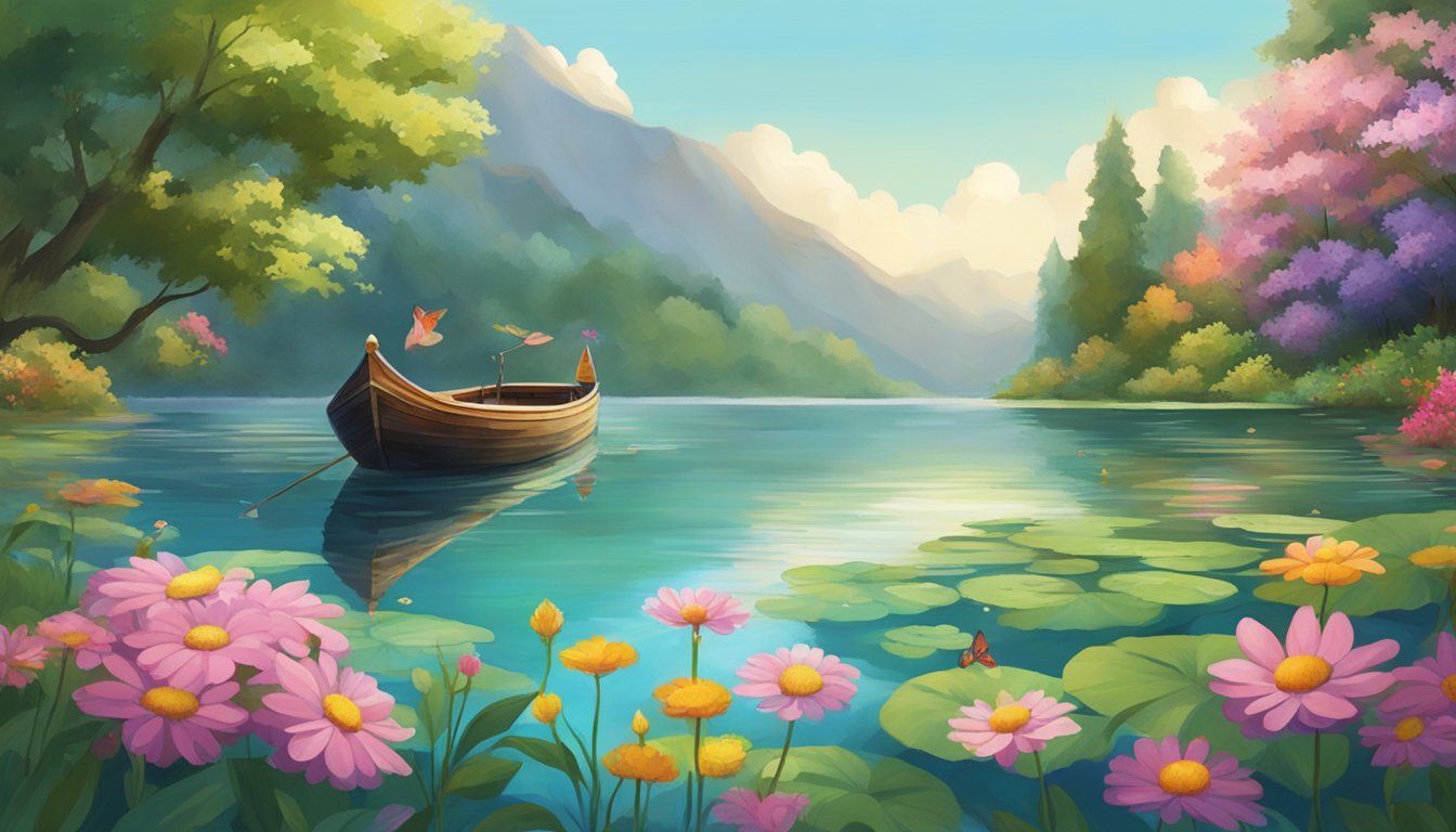 A serene lake surrounded by lush greenery, with colorful flowers floating on the water's surface. A small, ornate boat adorned with child-friendly decorations gently floats in the center