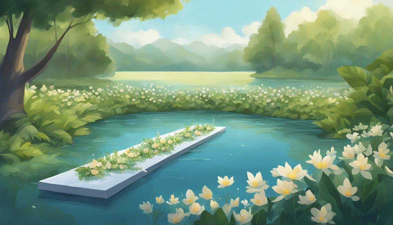 A serene water burial ceremony with biodegradable floral arrangements floating on the surface, surrounded by lush greenery and a peaceful natural setting