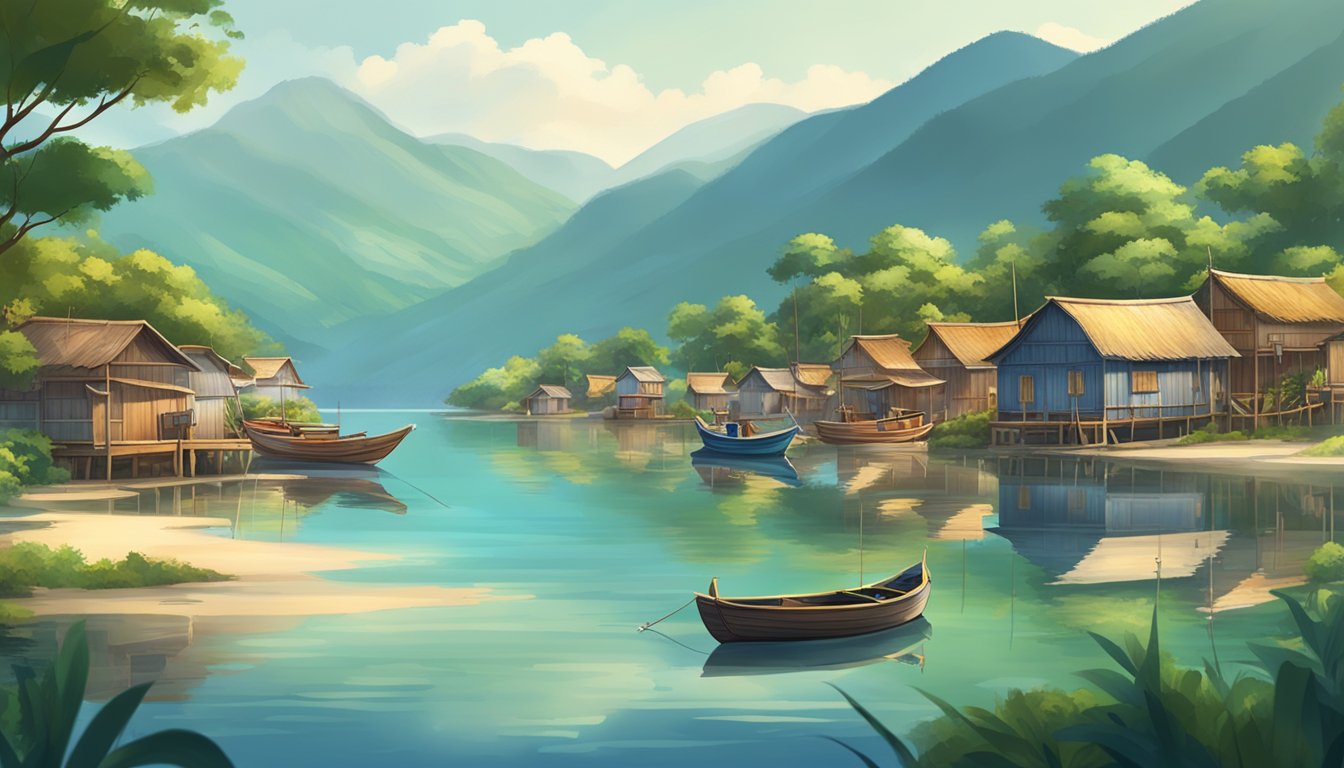 A small fishing village with traditional wooden boats on a calm, reflective water surface. The community is surrounded by lush greenery and mountains in the background