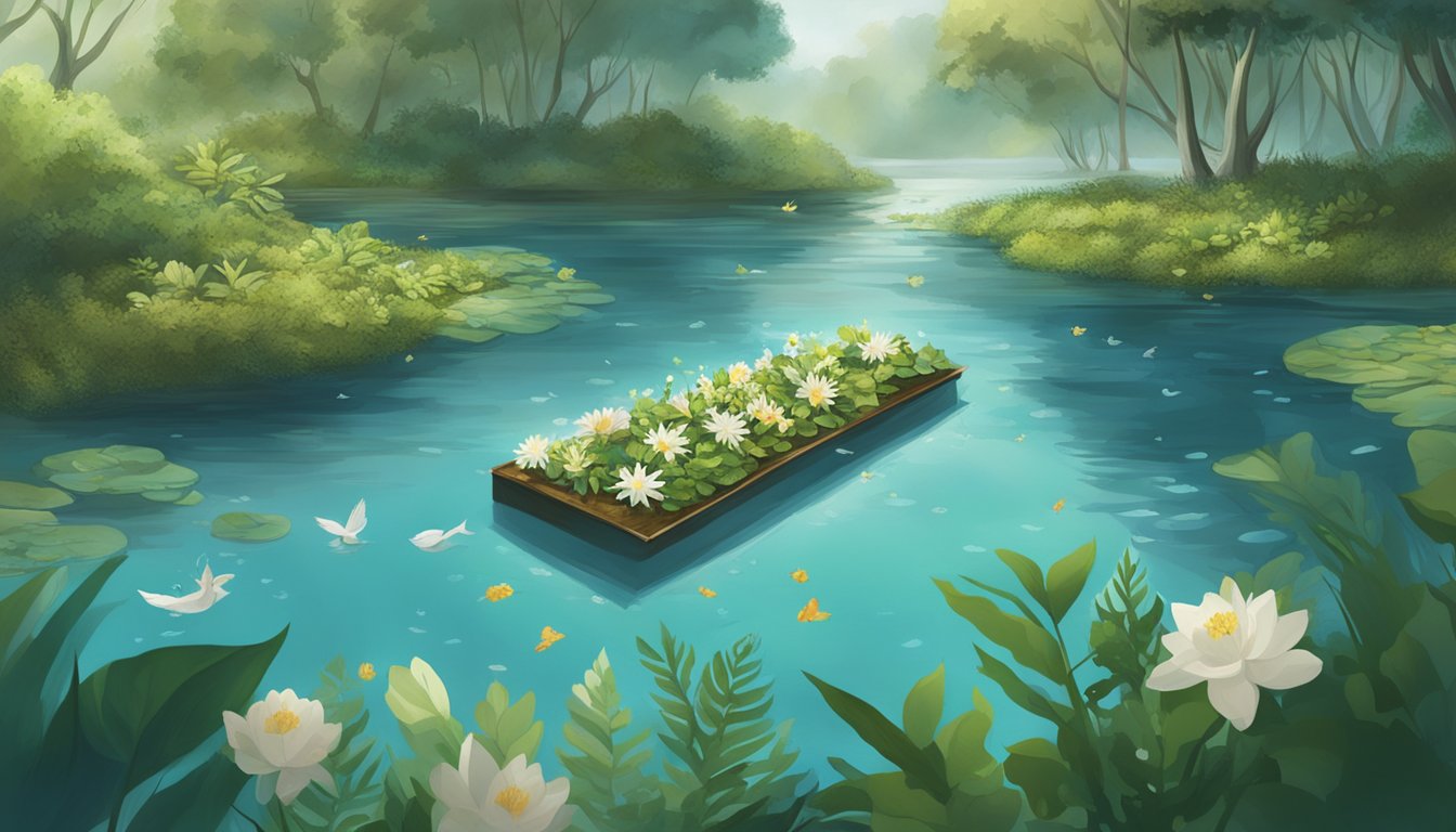 A serene water burial ceremony with biodegradable floral arrangements floating on the water's surface, surrounded by lush greenery and sustainable natural materials