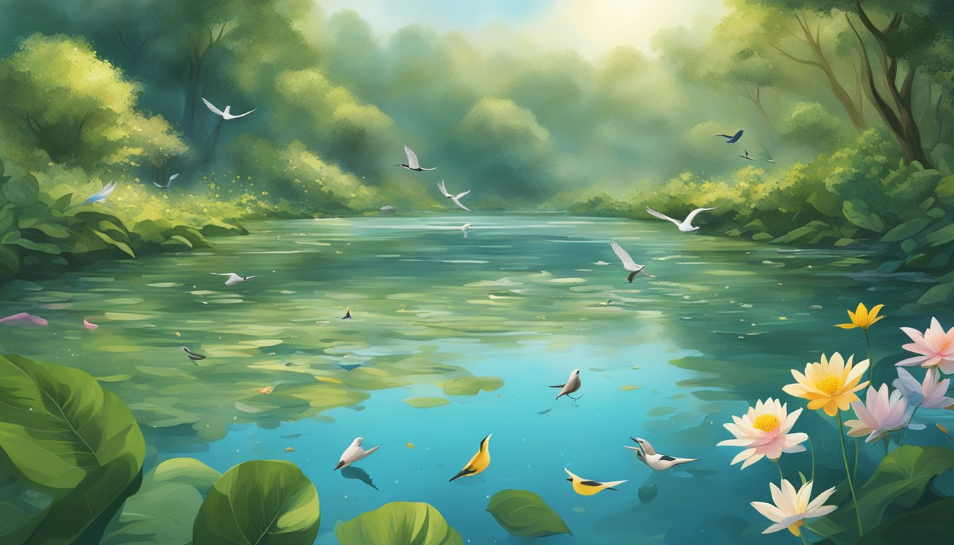 A serene riverbank with biodegradable flower arrangements floating on the water's surface, surrounded by lush greenery and birds in flight