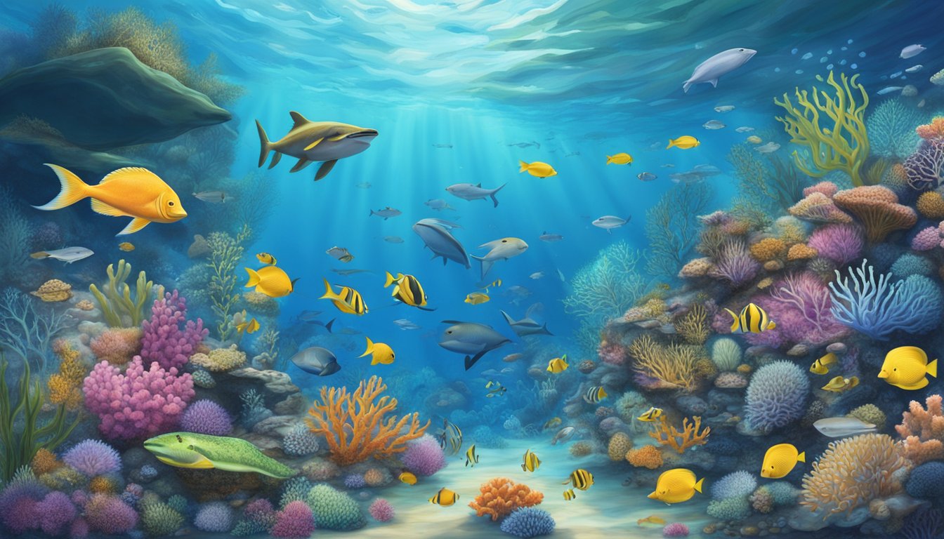 A vibrant underwater scene with diverse marine life and coral formations, surrounded by clear blue water, showcasing the importance of Marine Protected Areas in preserving aquatic ecosystems