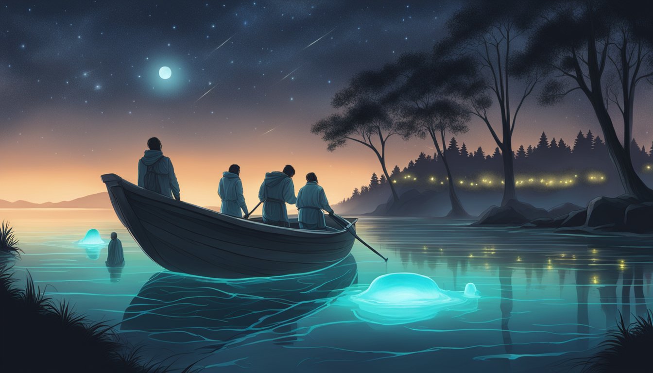 Bioluminescent organisms illuminate a serene night-time water burial ceremony, casting an ethereal glow on the peaceful scene