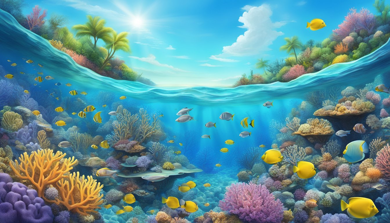 A vibrant coral reef teeming with marine life, surrounded by crystal-clear waters and a blue sky above