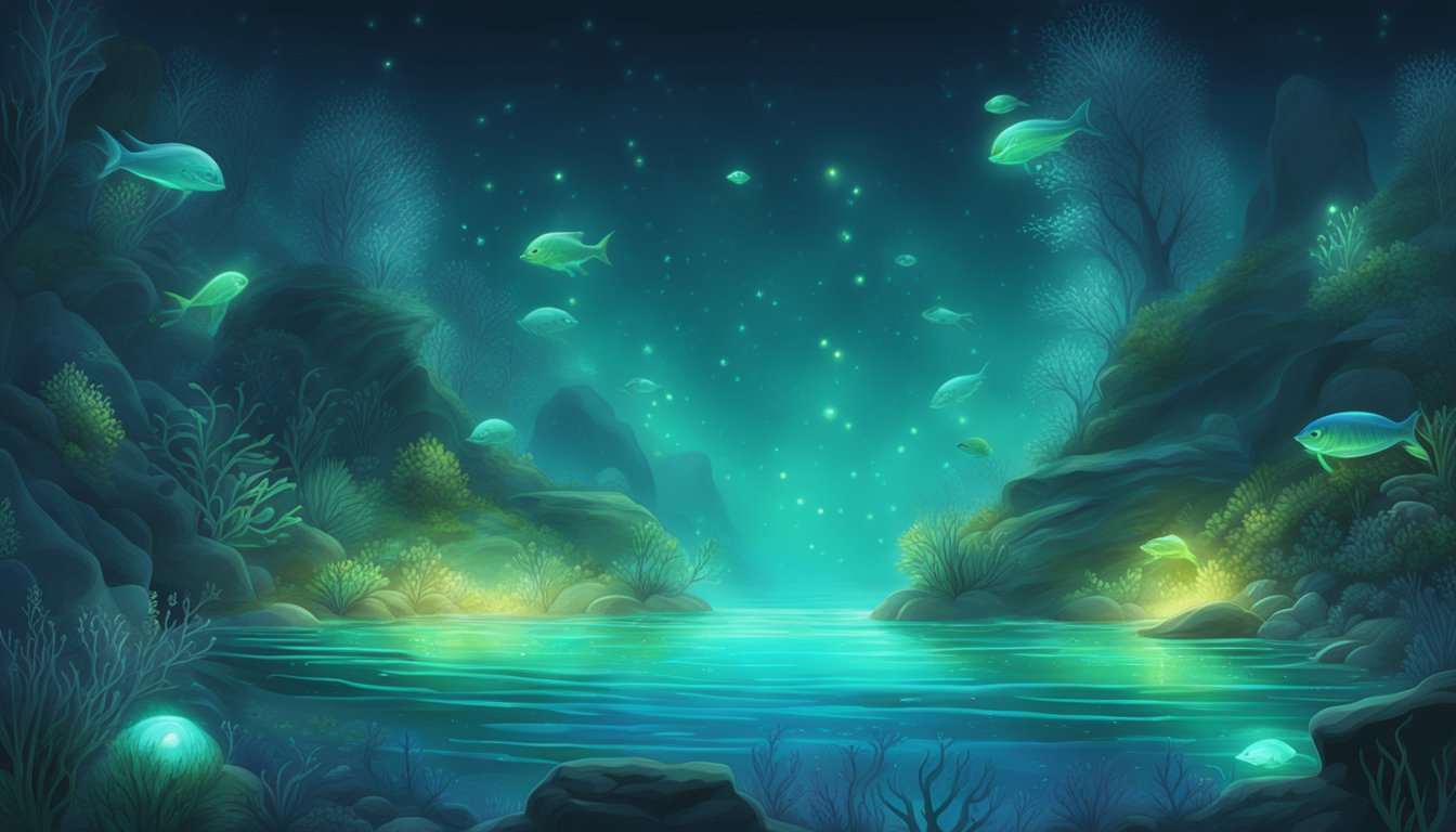 Underwater scene with bioluminescent organisms emitting soft blue and green light, illuminating a night-time water burial ceremony