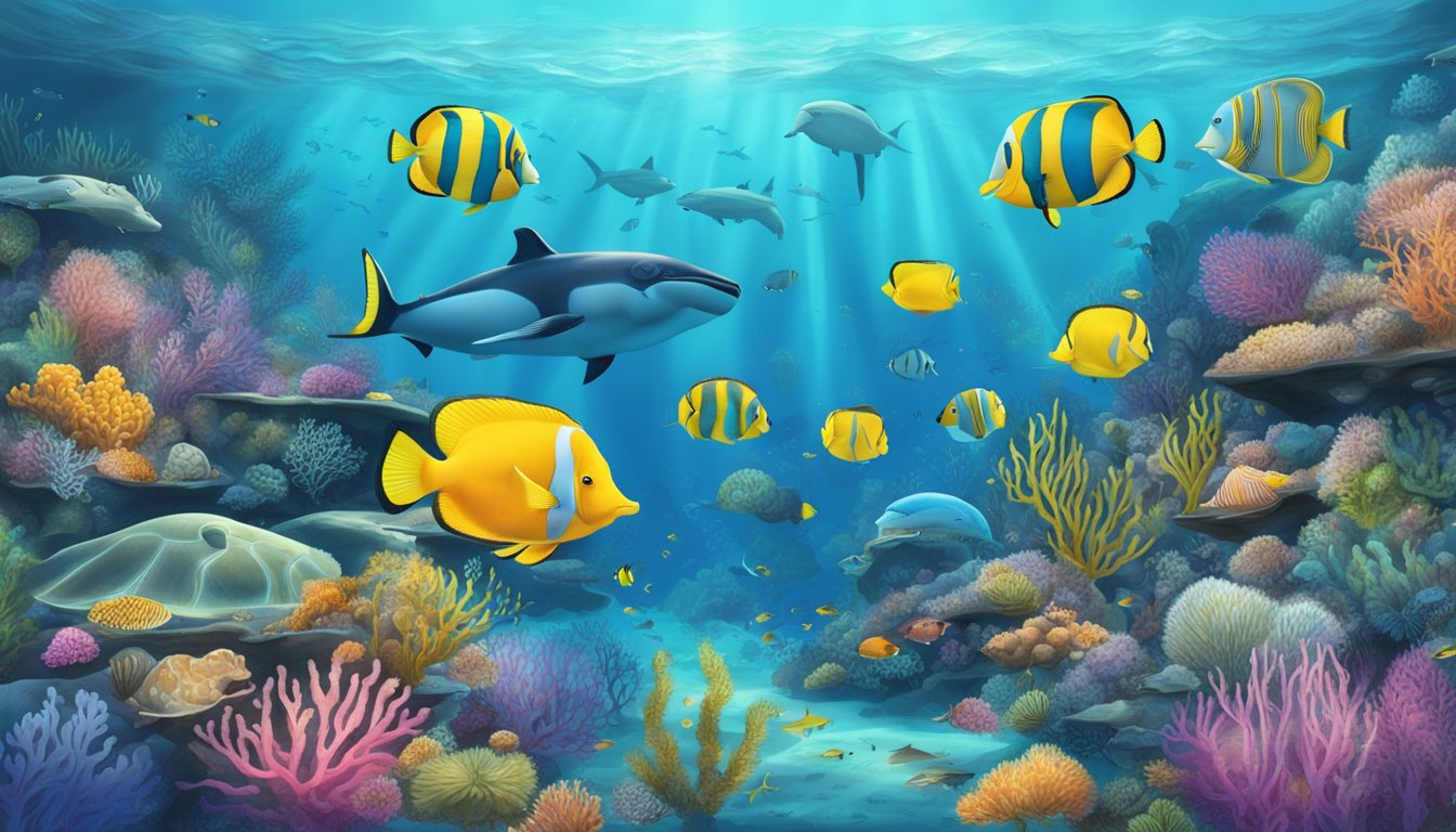 A vibrant underwater scene with diverse marine life surrounding a designated area marked as a Marine Protected Area