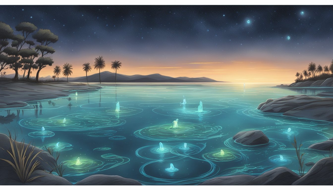 Bioluminescent organisms illuminate a serene night-time water burial ceremony, their soft glow dancing on the surface as they are incorporated into the ritual