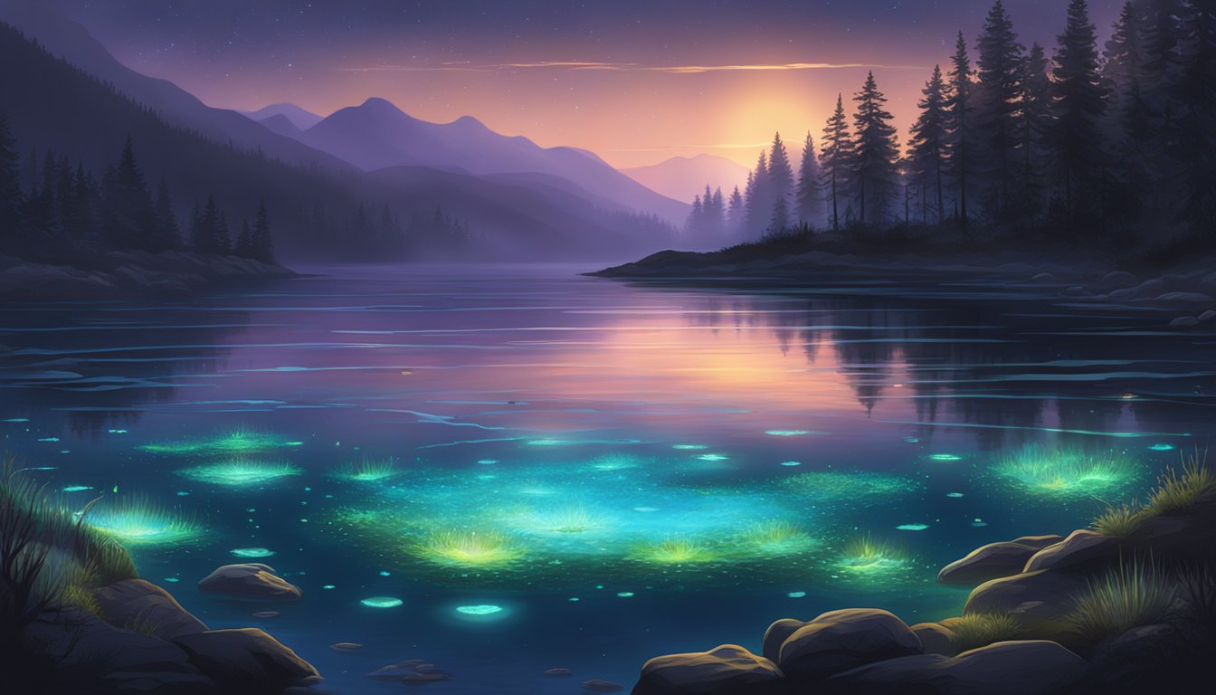 Bioluminescent organisms illuminate the dark water as they surround a floating burial site, creating a mesmerizing display of natural light in the night-time ceremony