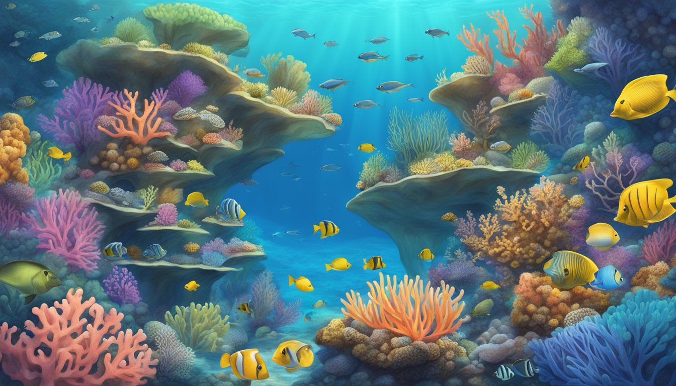 A vibrant coral reef with diverse marine life, surrounded by clear blue waters and a sign indicating a marine protected area