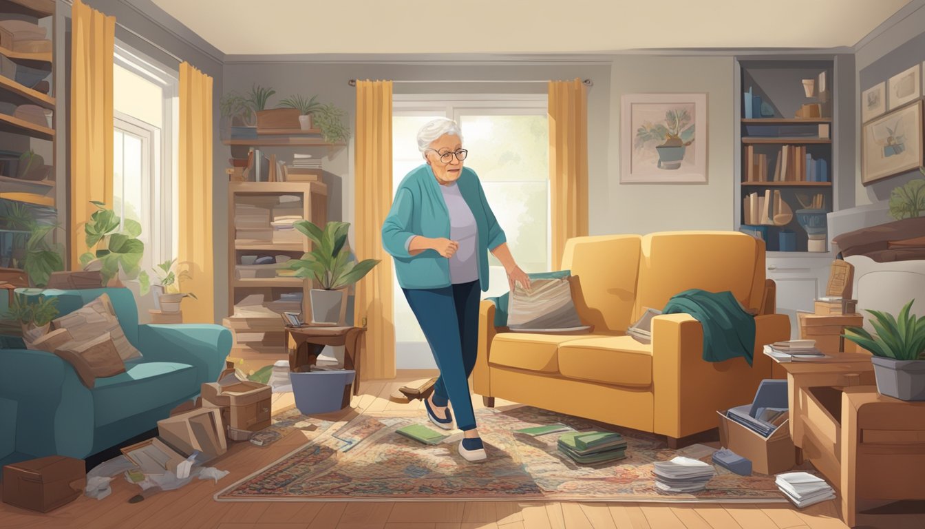 A senior with visual impairment navigating a cluttered home, with potential hazards such as loose rugs and furniture