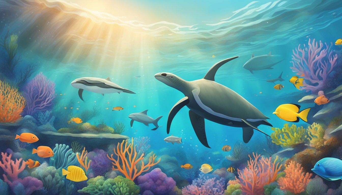 A serene ocean scene with a family of marine animals swimming together, surrounded by colorful coral and sea plants